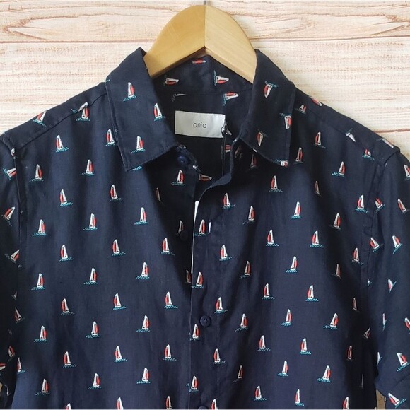 Onia 100% Linen Samuel Embroidered Sailboat Short Sleeve Buttondown Blue Shirt - Picture 5 of 12